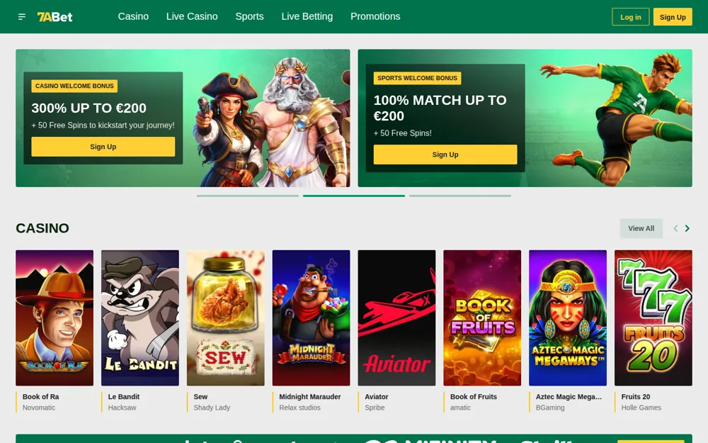 7abet homepage with the 300% casino and 100% sports welcome banners