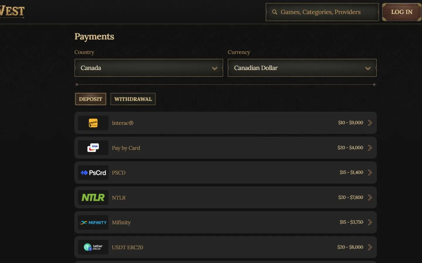 BetWest payments page showing Interac, cards and a long crypto list