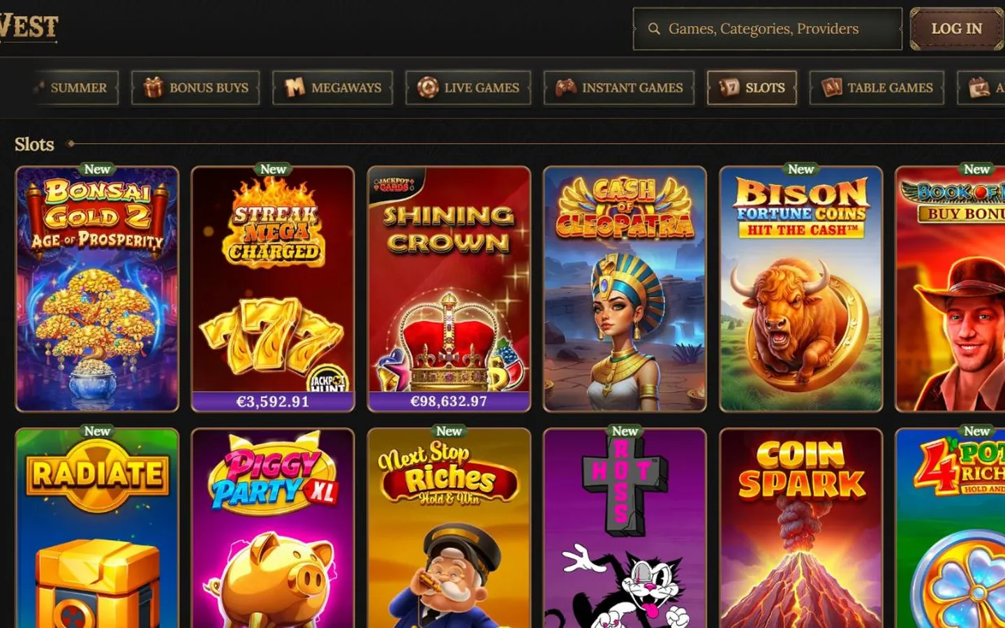 BetWest slots lobby showing current titles with live jackpot values