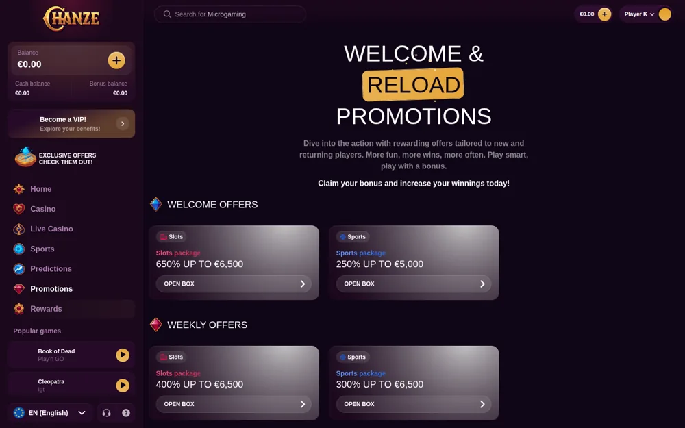 Chanze promotions page with the 650% slots and 250% sports welcome packages