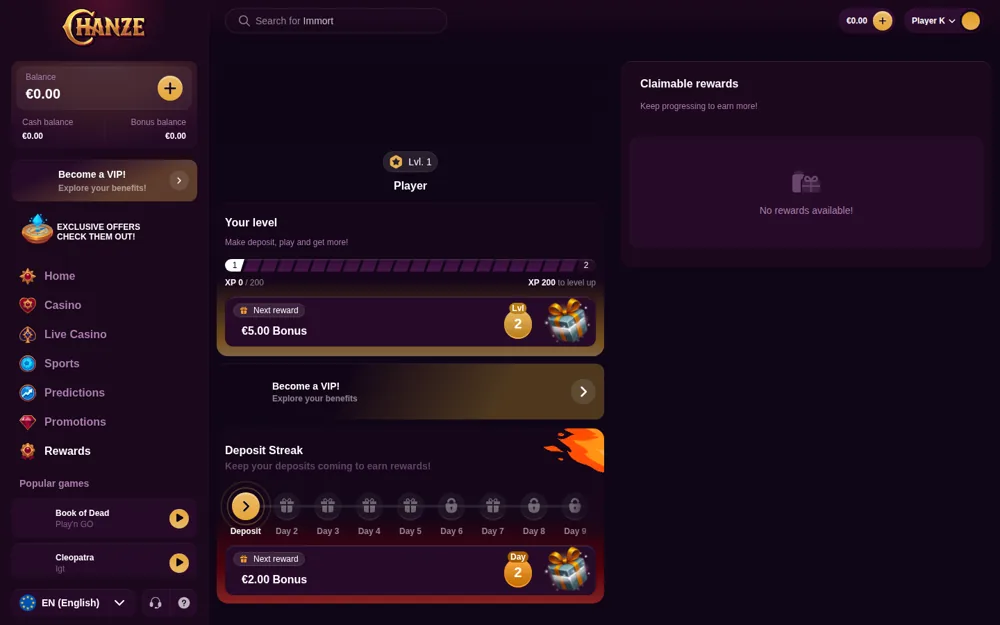 Chanze rewards page with XP levels and the daily Deposit Streak
