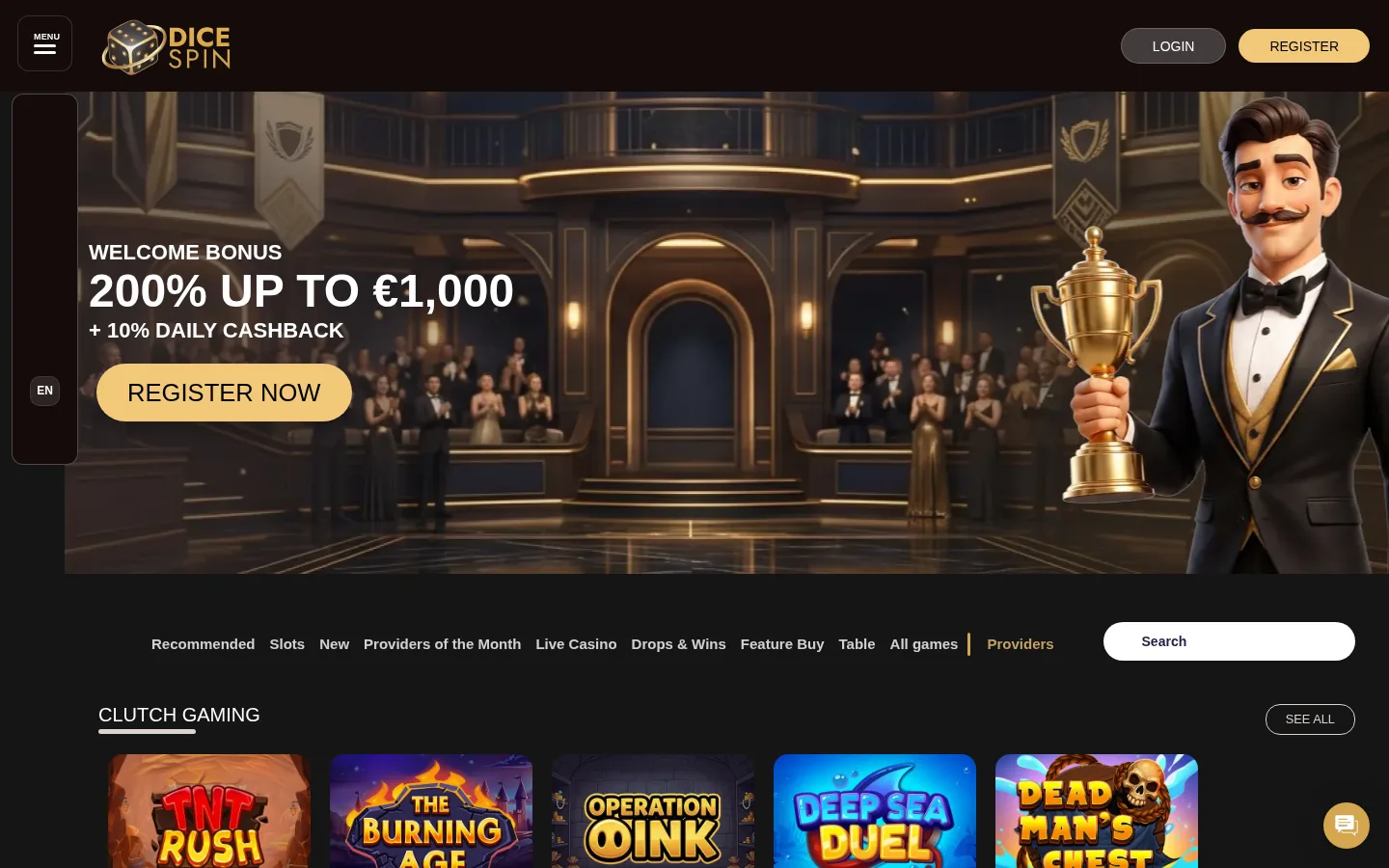 The DiceSpin providers page with game rows for each of the fifty studios