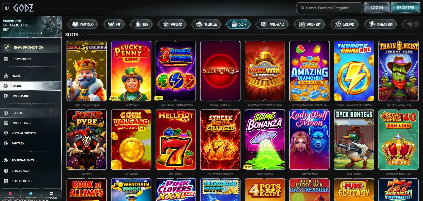 Godz slots lobby with real game art and current titles