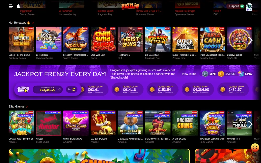 Huzzlin Jackpot Frenzy banner and ELITE Games shelf