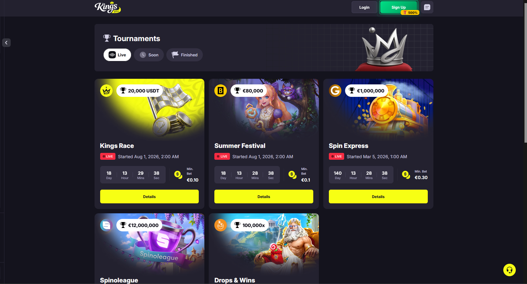 The Kings.Game tournaments page with Kings Race, Summer Festival, Spin Express and Spinoleague prize pools