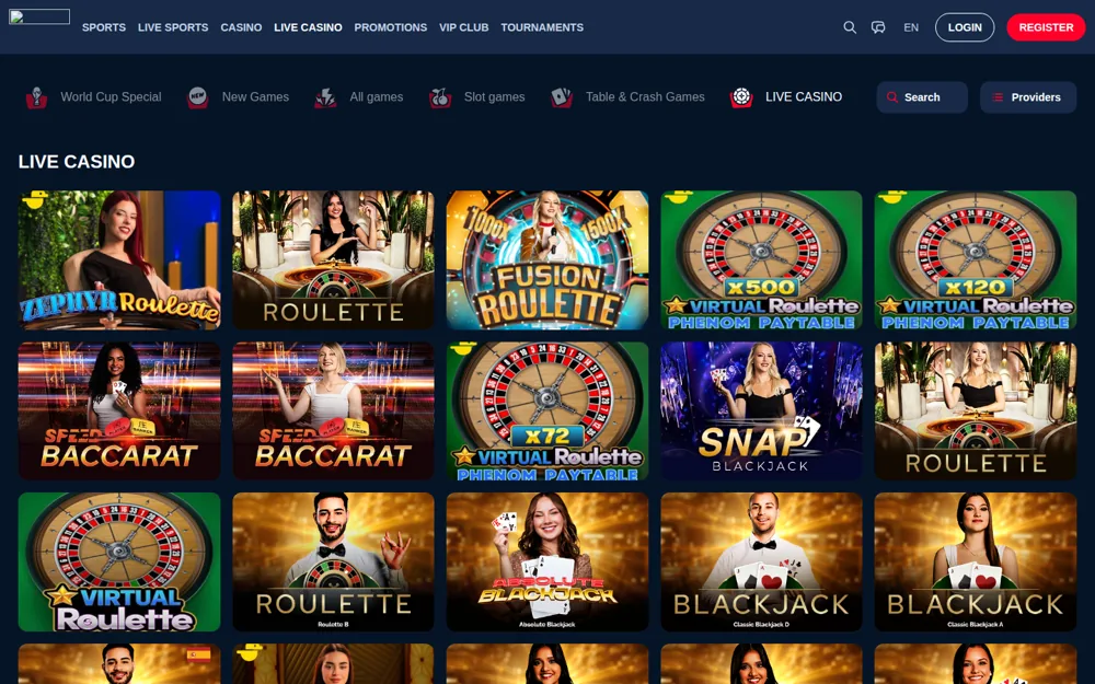 KudosBet live casino with Zephyr Roulette, Speed Baccarat and blackjack tables