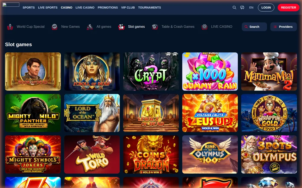 KudosBet slots lobby with Book of Dead, The Crypt 2 and Mamma Mia 2