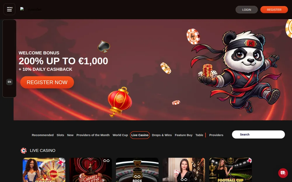 KumoBet live casino section with Winfinity and Iconic 21 tables