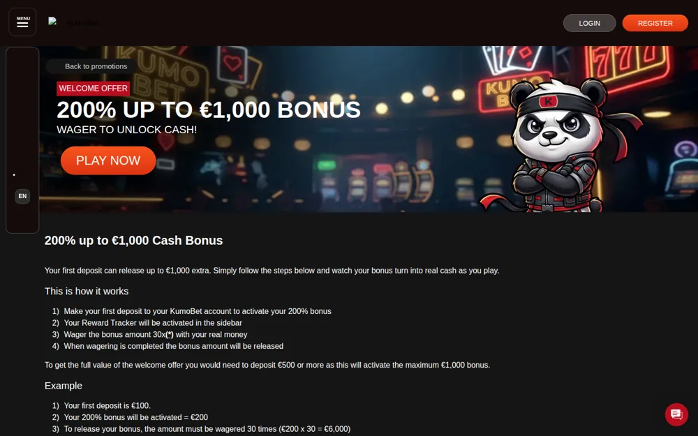KumoBet welcome offer page explaining the wager-to-unlock mechanics