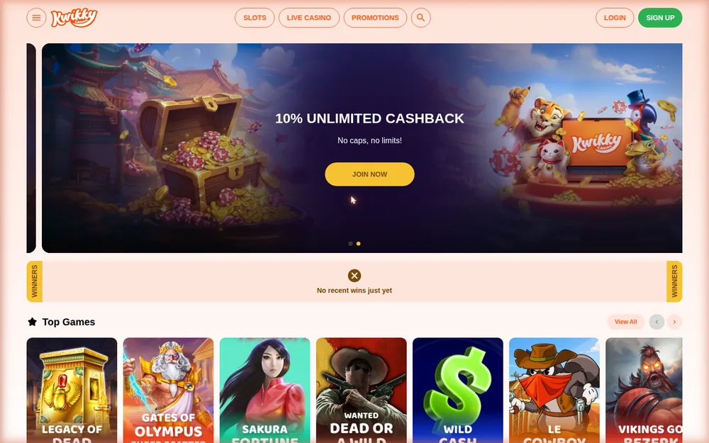 Kwikky Casino homepage with the 10% unlimited cashback banner
