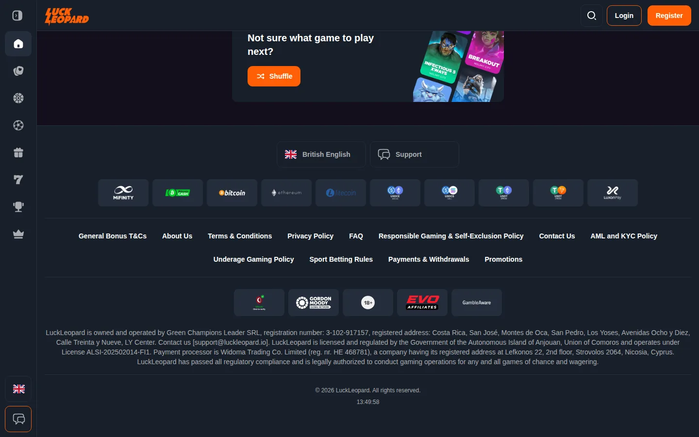 LuckLeopard footer with crypto and e-wallet payment logos, responsible-gambling badges and the full Anjouan licence line