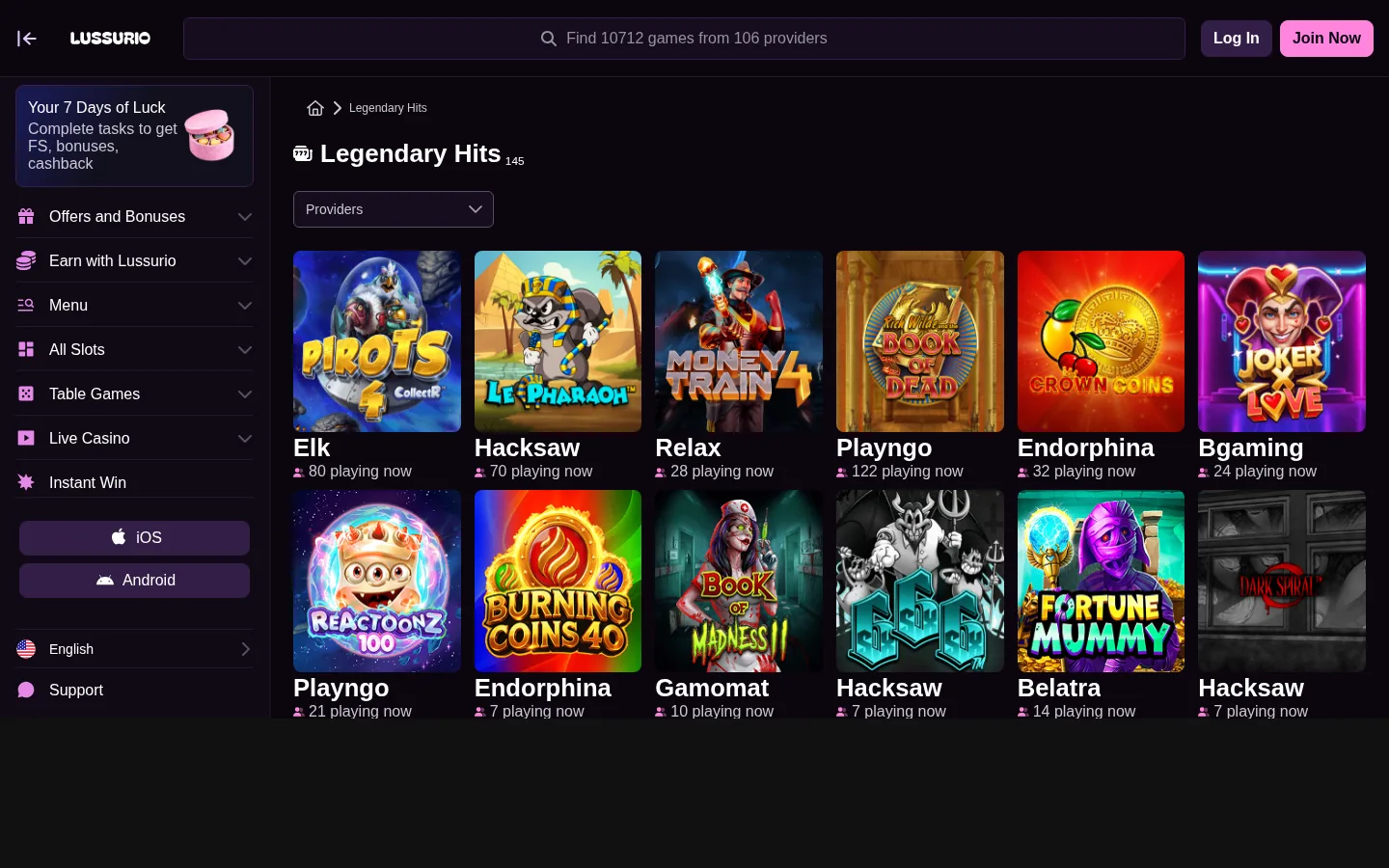 The Lussurio slot lobby with current releases and provider names