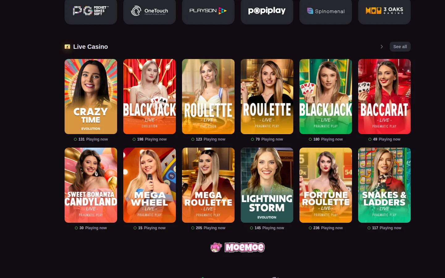 Providers row and Live Casino floor from Evolution and Pragmatic Play Live