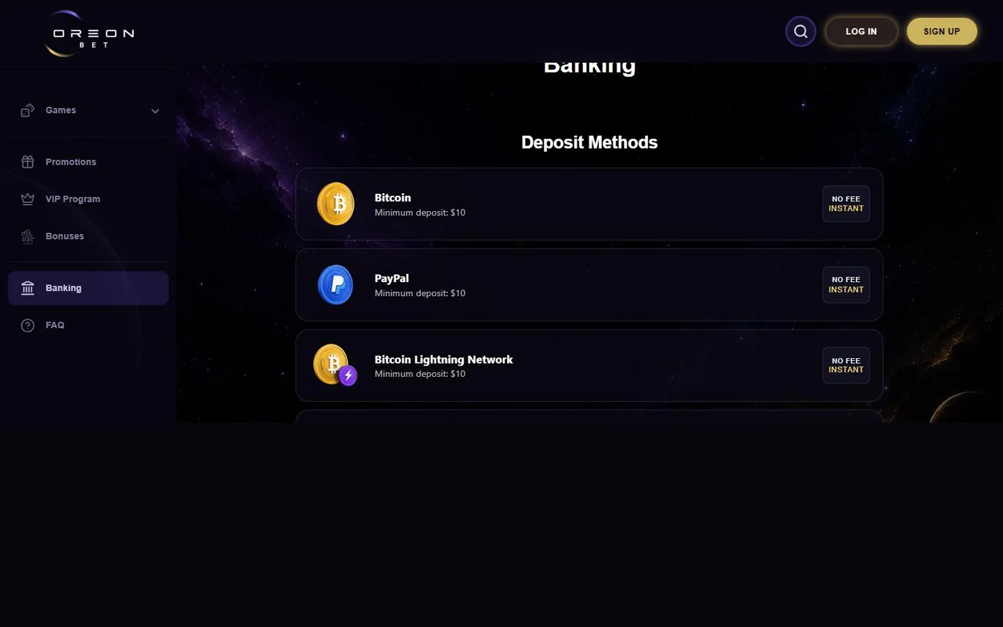 OreonBet banking page showing Bitcoin, PayPal, and Bitcoin Lightning deposit rails