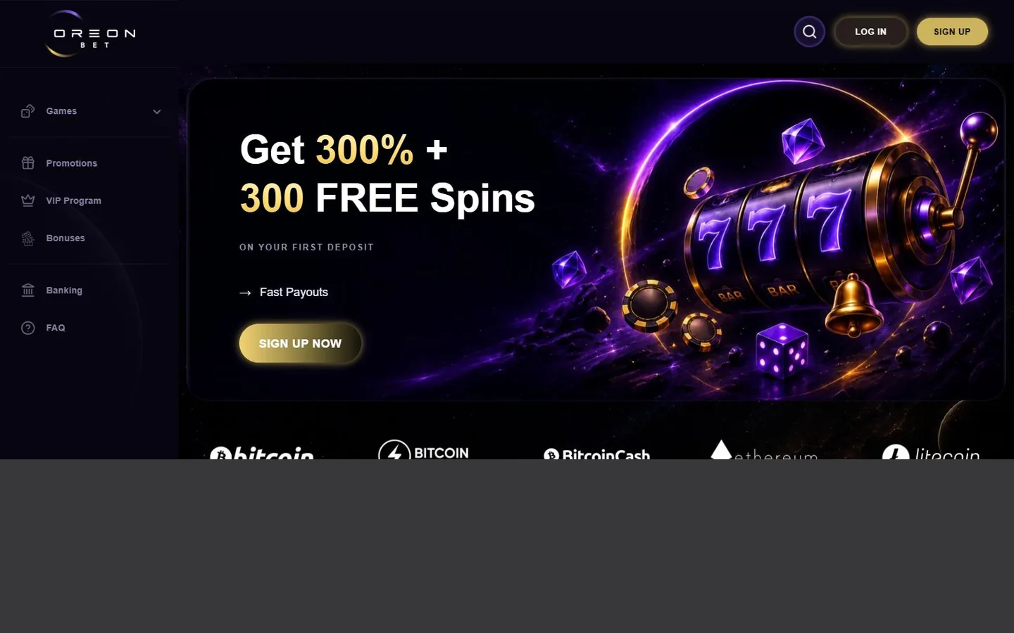 OreonBet homepage showing the 300 percent plus 300 free spins welcome offer