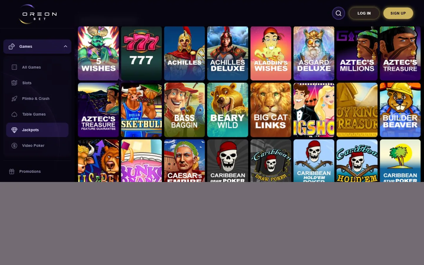 OreonBet jackpot games lobby showing Achilles, Aladdin's Wishes, Aztec's Millions and other RTG jackpot titles