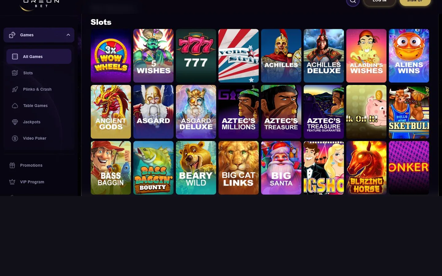 OreonBet slots lobby with Real Time Gaming tiles
