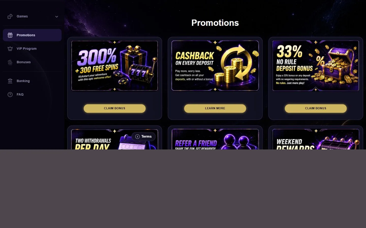 OreonBet promotions page showing six offers including 300 percent welcome, cashback, and 33 percent no-rule bonus