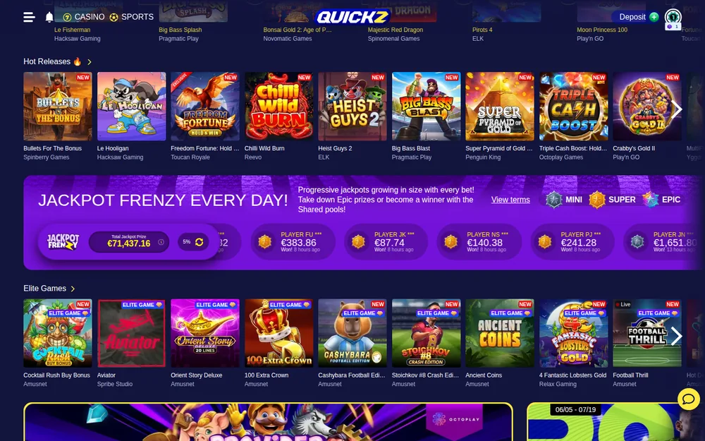 Quickz Jackpot Frenzy banner and ELITE Games shelf with Amusnet exclusives