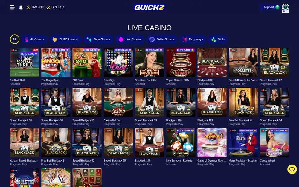Quickz live casino lobby with Pragmatic Play Live blackjack and roulette tables