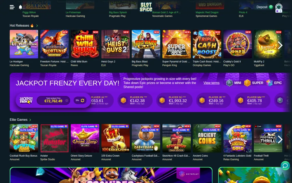 SlotSpice Jackpot Frenzy banner and ELITE Games shelf