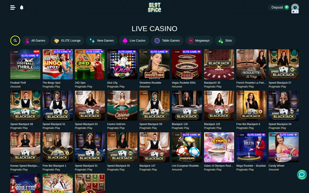 SlotSpice live casino lobby with Pragmatic Play Live tables