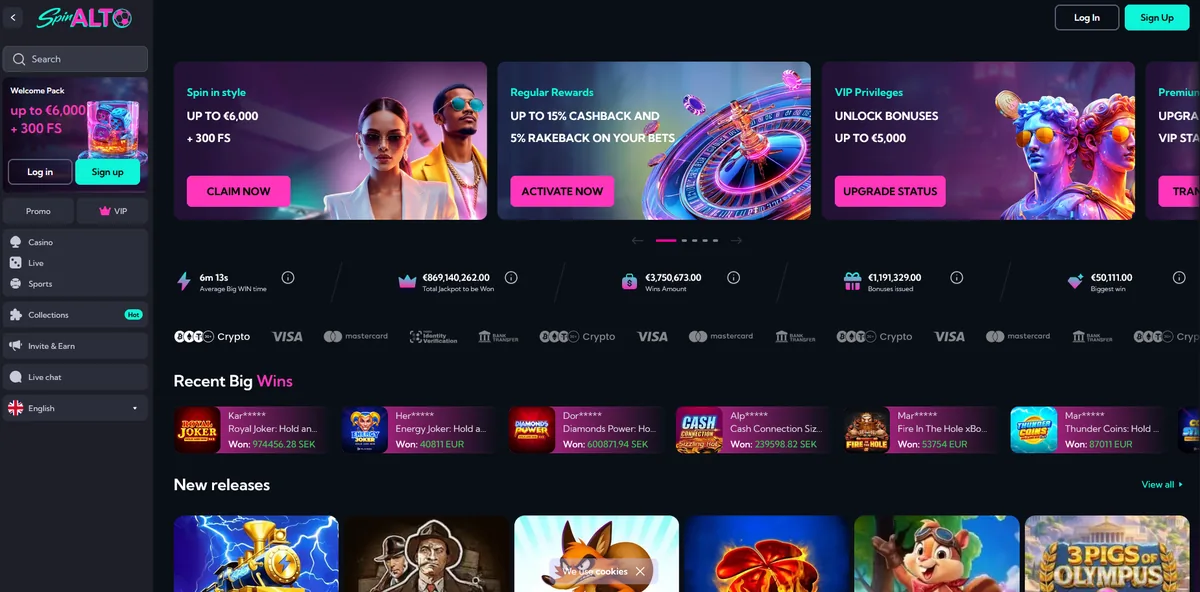 Screenshot van de homepage van SpinAlto