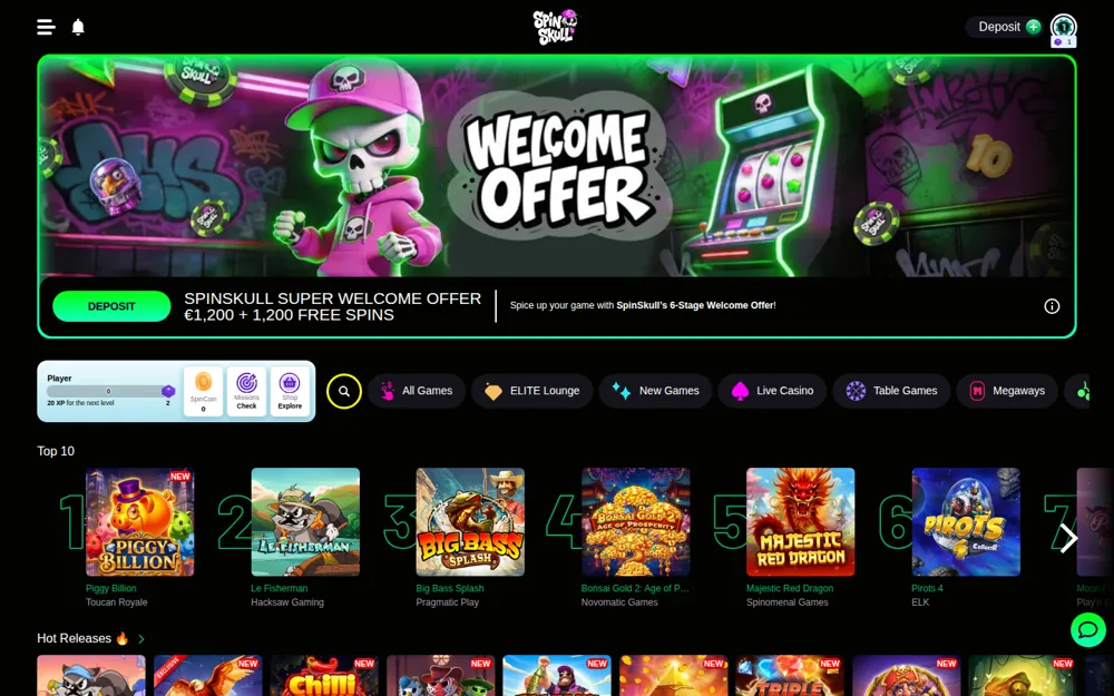 SpinSkull casino homepage with the skeleton mascot welcome banner and Top 10 games
