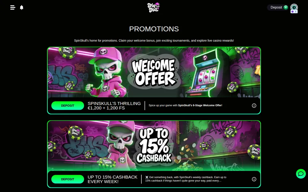 SpinSkull promotions page with the welcome offer and 15% cashback banners