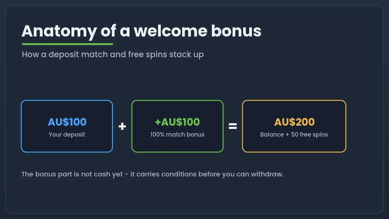 Diagram breaking down a welcome bonus into a deposit match and free spins, each with its own wagering, max bet, expiry and eligible games