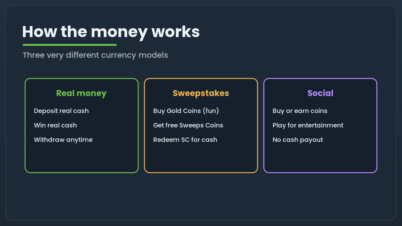 Diagram comparing the currency and cash-out model of each casino type, from real cash wallets to Gold and Sweeps Coins to play-money credits