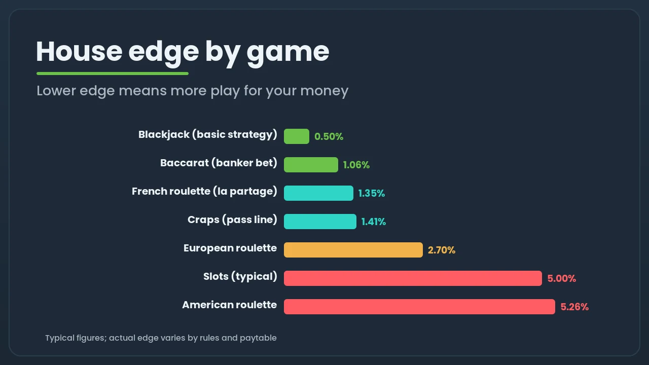 Horizontal bar chart of the house edge by game, from blackjack and video poker under one percent up to keno at twenty to thirty percent