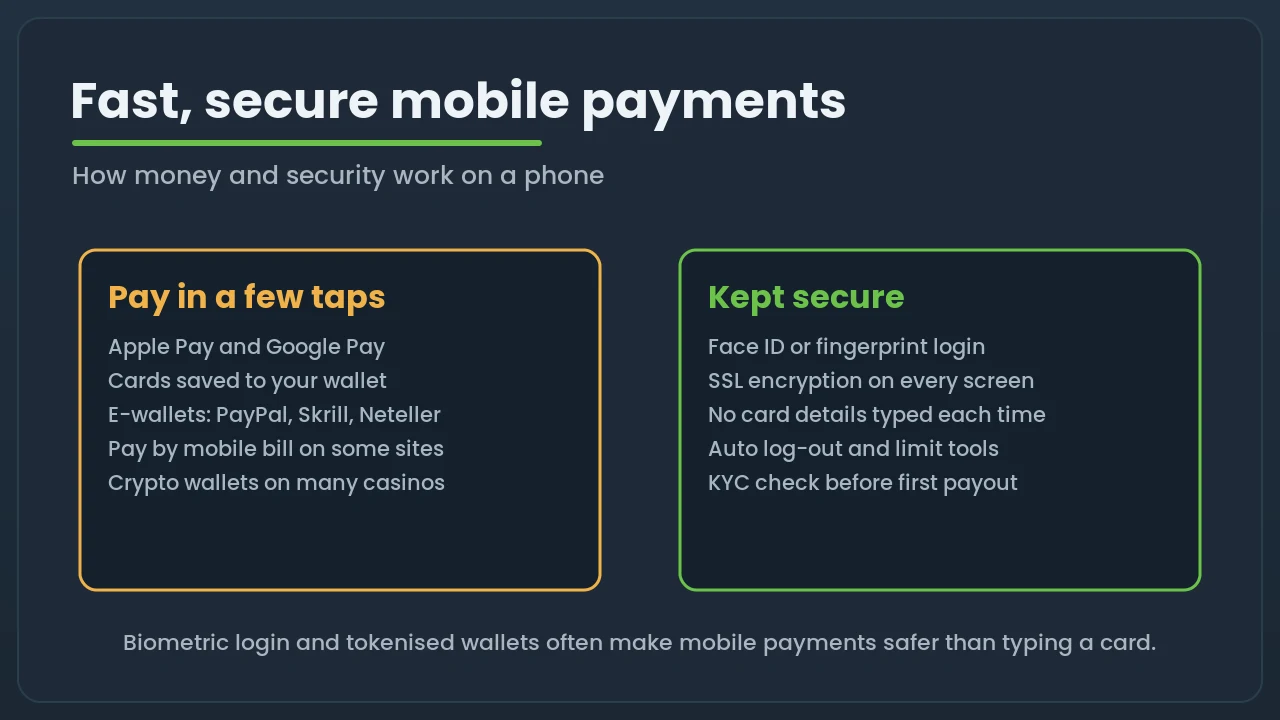 Diagram of mobile casino payments and security, listing Apple Pay, Google Pay, e-wallets and crypto alongside biometric login and encryption