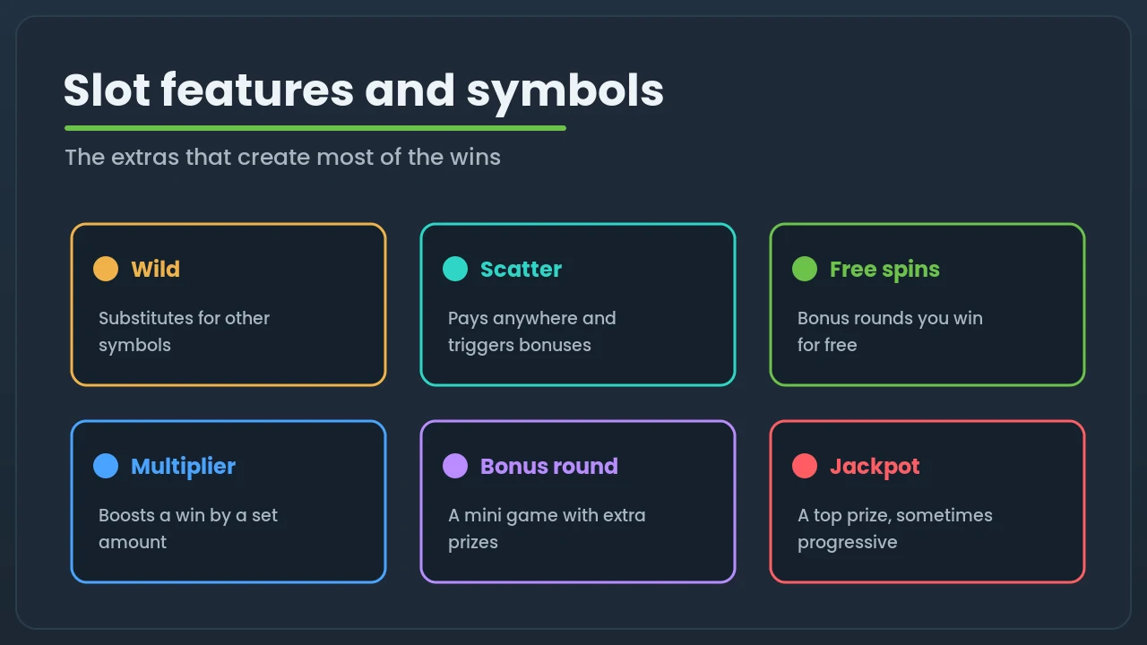 Six tiles explaining common slot features: wild, scatter, free spins, multiplier, bonus round and jackpot
