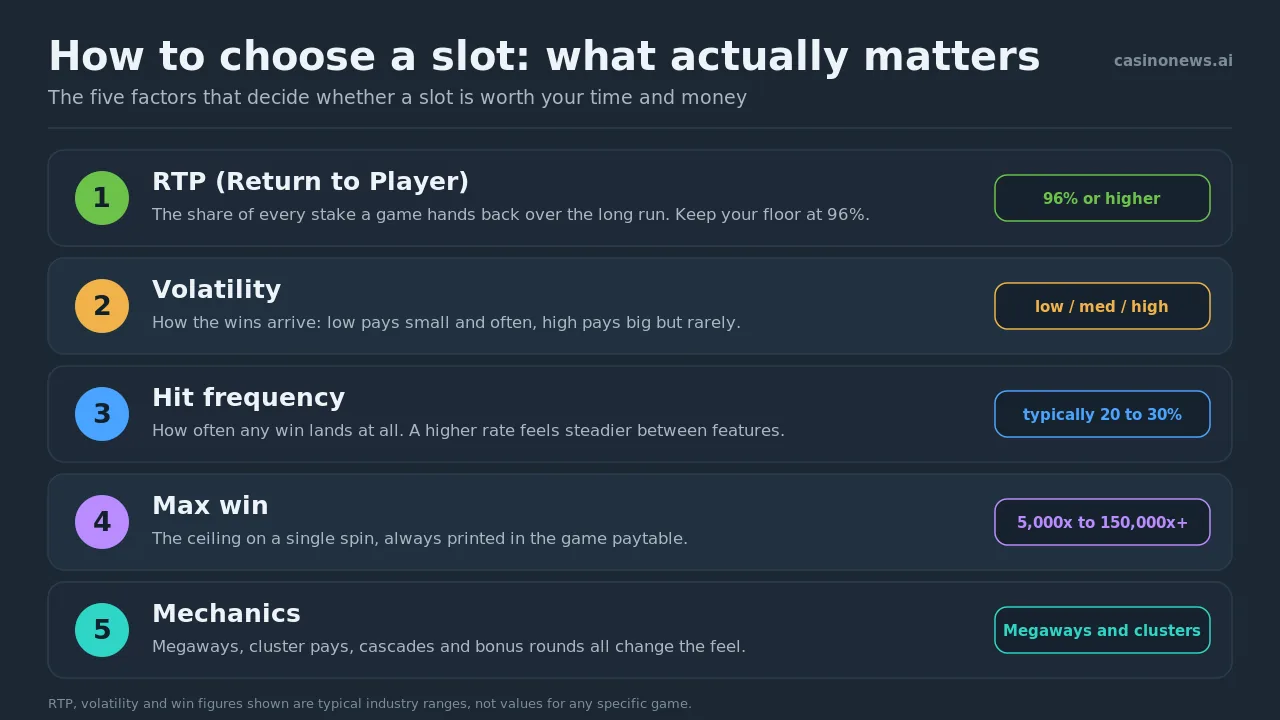 Checklist of the five things that matter when choosing an online slot: RTP, volatility, hit frequency, max win and game mechanics