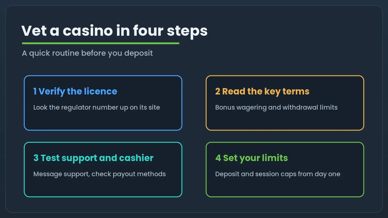 Four steps to vet a casino: verify the licence, read the key terms, test support and cashier, and set your limits