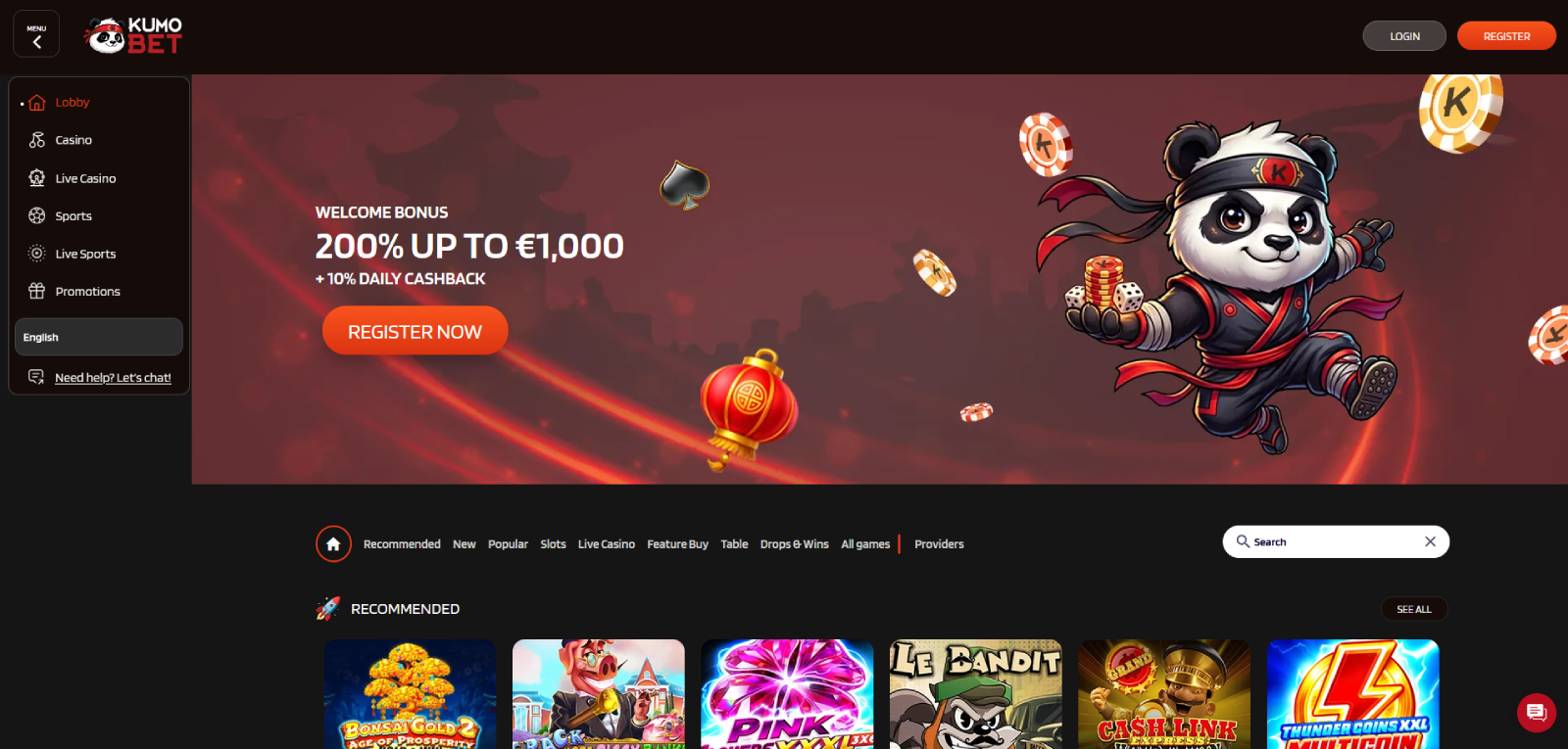 KumoBet casino forside med velkomstbonus