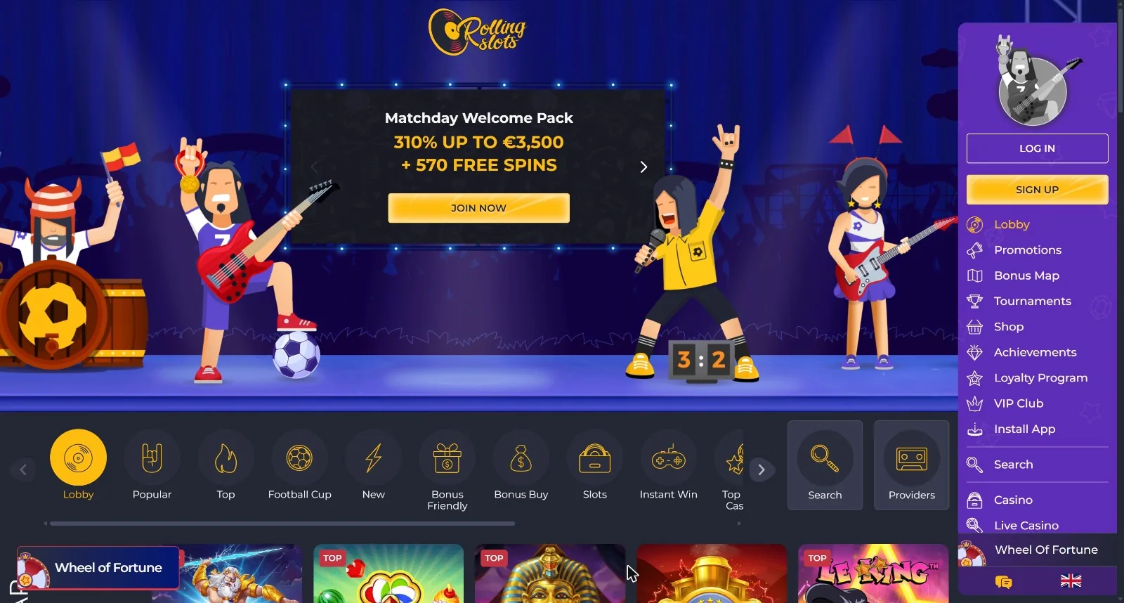 Rolling Slots casino homepage with the Matchday welcome pack